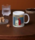 Kaplumbağa Terbiyecisi Tasarımlı Kupa Bardak, üzerinde kaplumbağa terbiyecisi sanatı olan beyaz seramik bir kupa - kırmızı cübbeli bir adam süpürüyor - kahverengi bir masanın üzerinde su, kahverengi küp şeker ve kahve çekirdeklerinin yanında duruyor.