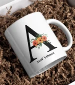 Harfli Çiçek Desenli & İsme Özel Kupa Bardak