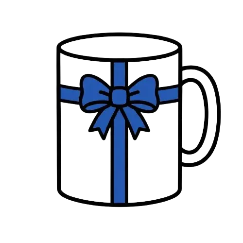 Mavi bir kurdele ve fiyonkla sarılmış, hediyeyi andıran berrak bir Hediye Kupa Bardak'ın basit bir çizimi.