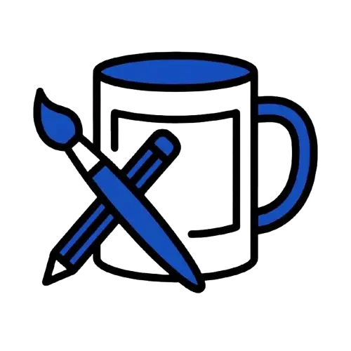 Arka planda mavi bir kahve fincanı, önünde mavi bir boya fırçası ve kalem çapraz duruyor; kupa tasarla için mükemmel bir ilham kaynağı. İllüstrasyonda kalın çizgiler ve şeffaf bir arka plan üzerinde sınırlı bir mavi ve siyah renk paleti yer alıyor.