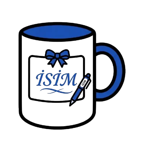 Mavi vurgulu siyah isme özel kupa bardağın ön yüzünde bir fiyonk, mavi ISIM yazısı ve üzerinde GRP yazan bir kalem bulunmaktadır.