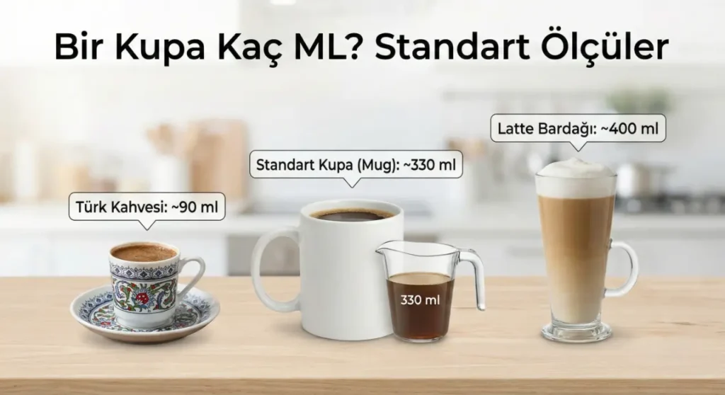Bir kupa kaç ml sorusuna yanıt veren standart 330 ml porselen kupa bardak ve kahve kupası ölçülerini gösteren görsel.