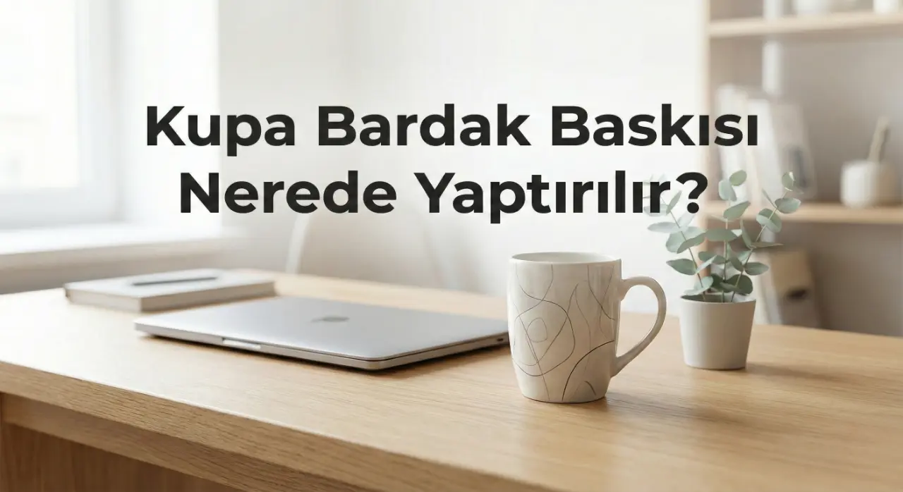 Kupa bardak baskı nerede yaptırılır sorusu için hazırlanmış, süblimasyon baskı makinesi ve tasarımlı kupa içeren blog kapak görseli.