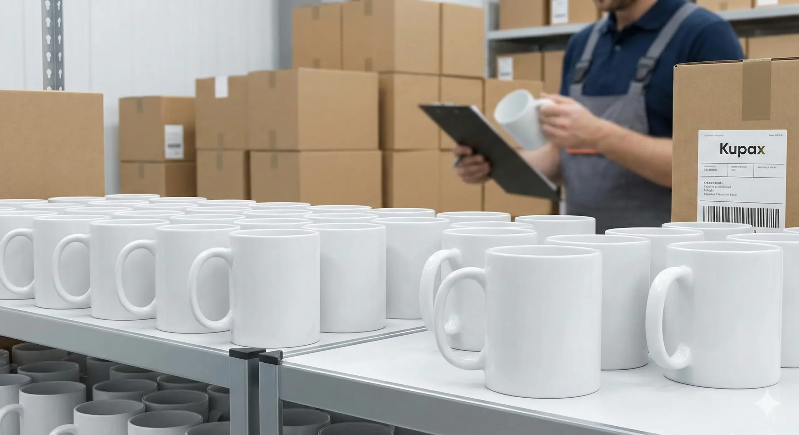 Raflarda dizili beyaz toptan kupa bardaklar ve arka planda sipariş kontrolü yapan Kupax personeli.